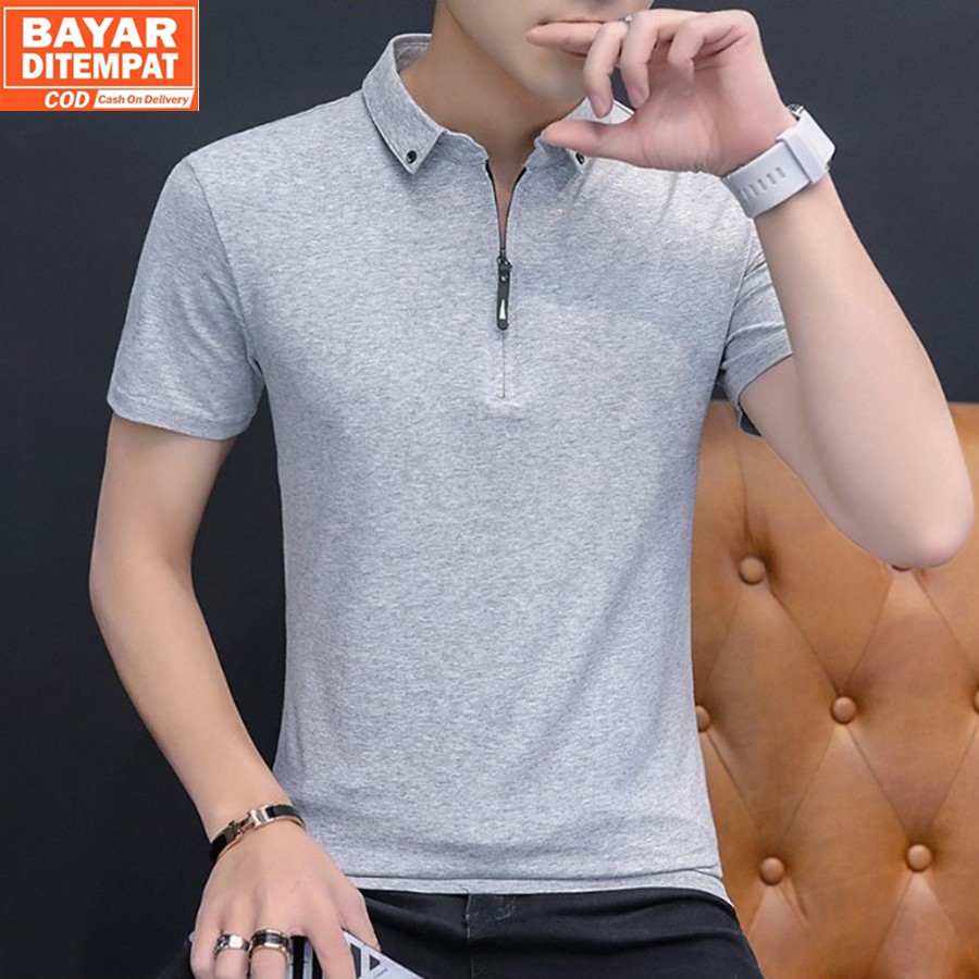 Kaos Polo Lengan Pendek Bahan Katun dengan Resleting untuk Pria - Elyon