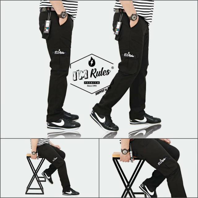 Celana Cargo Panjang Pria Hitam Cotton Drill Baby Kanvas PDL Slimfit Long Kargo Distro Bigsize Ori