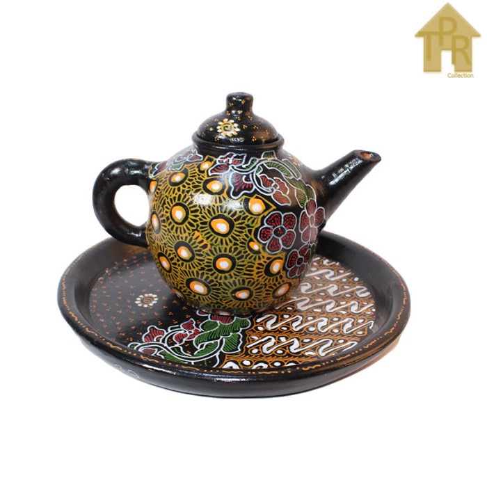 Gerabah Tea Set Premium - Poci Batik Tulis - Motif Spiral Bunga K