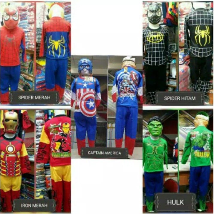 Kostum Baju Anak Avenger Spiderman Iron Man Hulk Captain America Venom Superhero GRATIS TOPENG