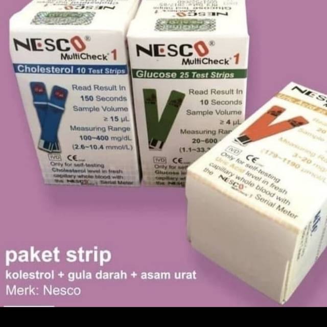 Paket lengkap strip Nesco gula darah / kolesterol / strip asam urat