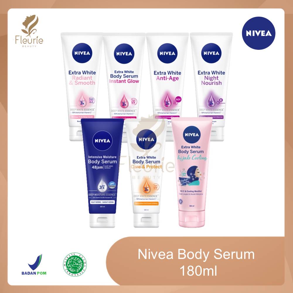 Nivea Body Serum Extra White 180ml - Radiant Smooth/Instant Glow/Night Nourish/Anti Age/Intensive Moisture/Hijab Cooling/Care&amp;Protect/Extra Bright 10 Original BPOM