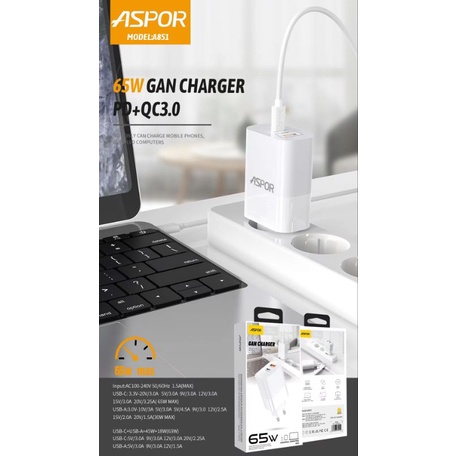 Gan Charger 65 watt Aspor original type-C &amp; Usb A Fast charge mirip Baseus