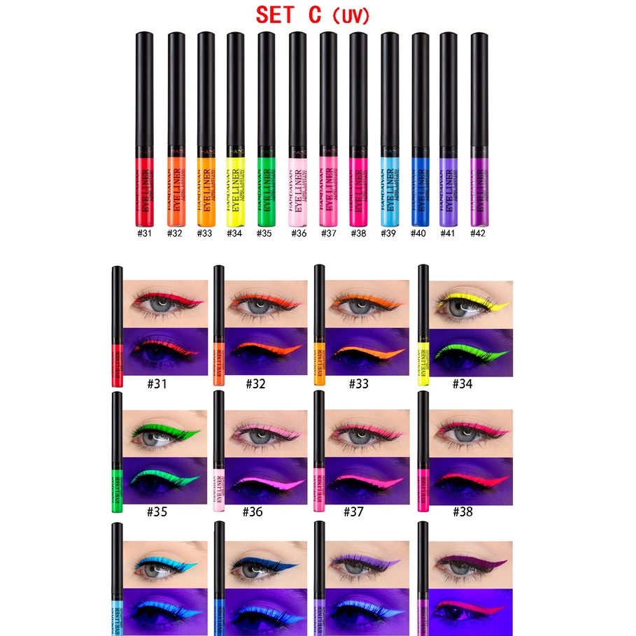 HANDAIYAN Liquid Eyeliner Set Matte Long-Lasting Waterproof UV Fluorescent Beautiful Eye Makeup 12 Color