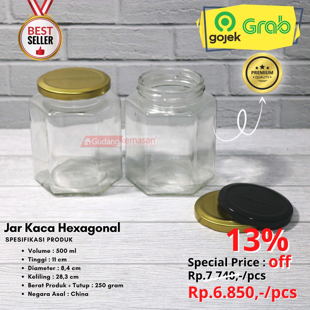 JAR KACA 500ML HEXAGONAL TUTUP KALENG EMAS/HITAM PER 25PCS