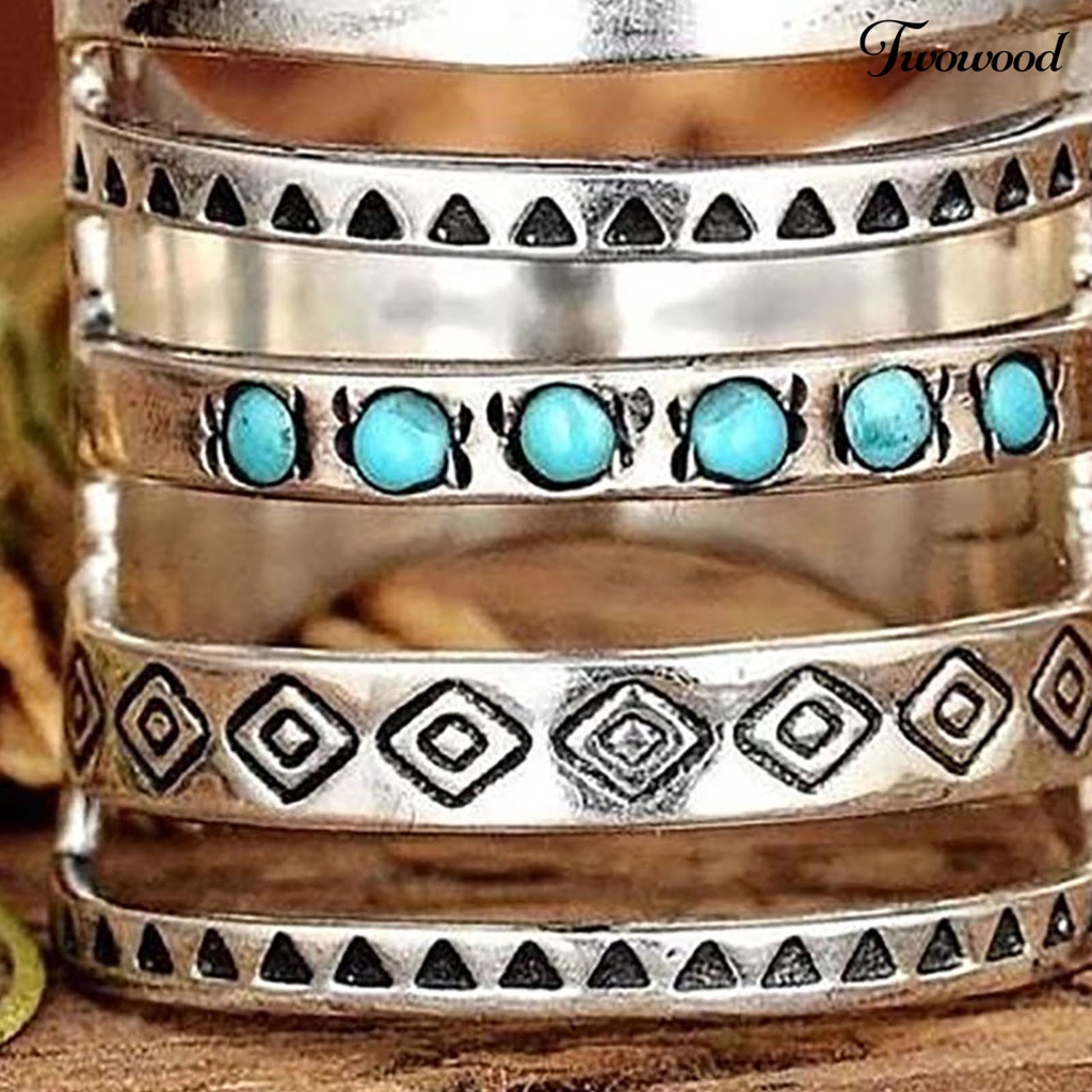 Twowood Multilayer Wide Turquoise Decor Women Ring Symbols Pattern Hollow Bohomia Joint Ring Jewelry Accessaries