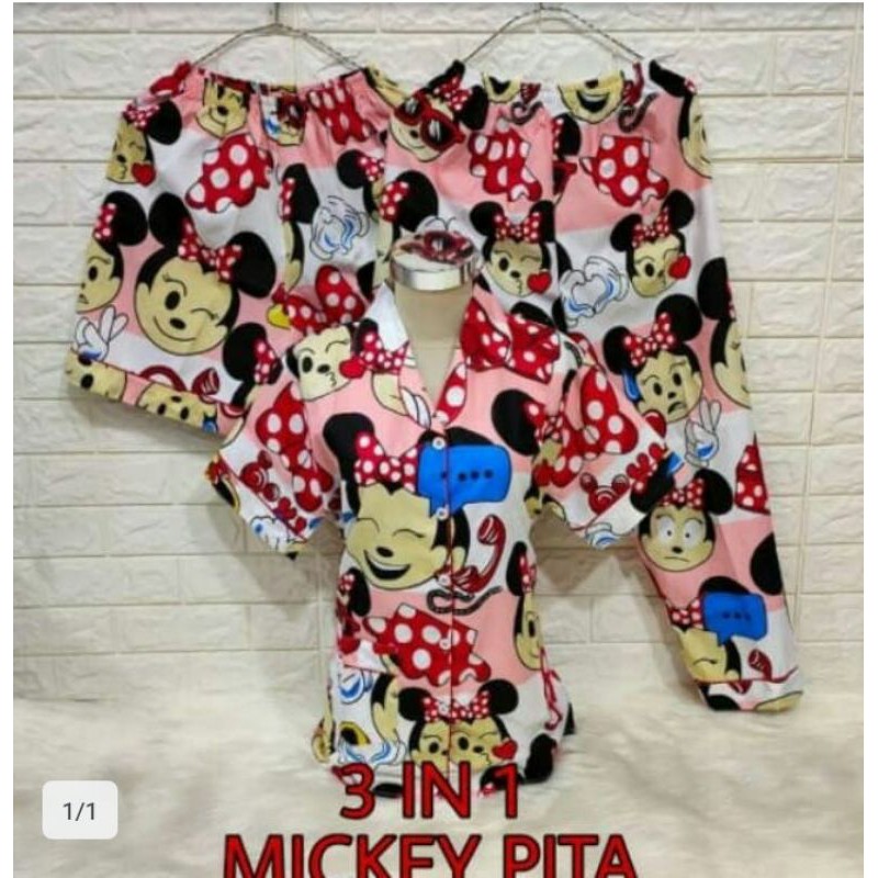 piyama baju tidur 3in1 wanita dewasa motif kartun stich Mickey mouse hello Kitty Poppy cat doraemon