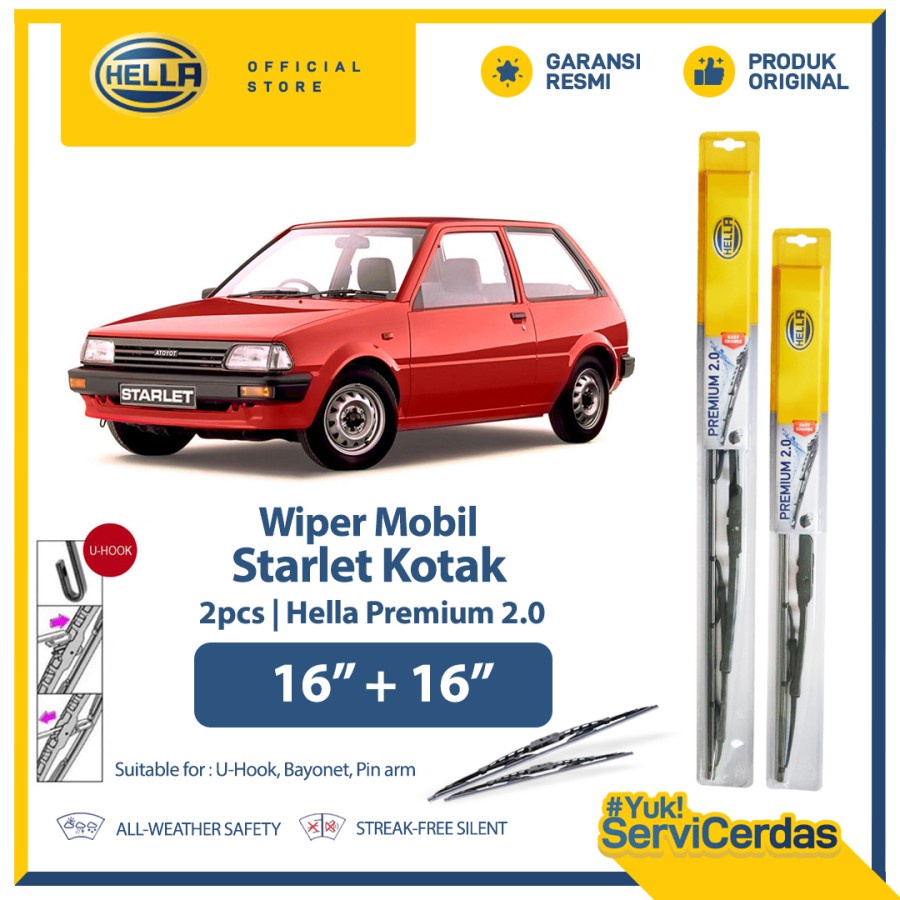 Wiper Mobil TOYOTA Starlet Kotak 16” + 16” (2pcs) - HELLA Premium 2.0