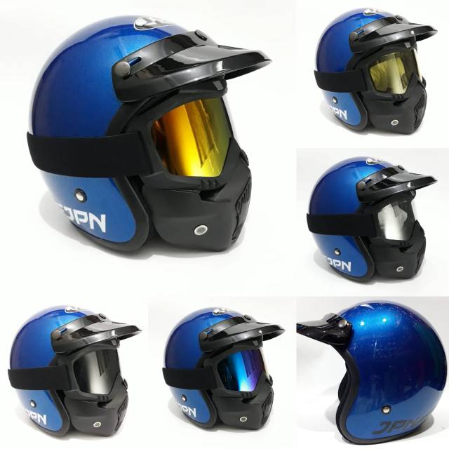 Helm Jpn Retro Drak Blue Gloss Dengan Goggle mask