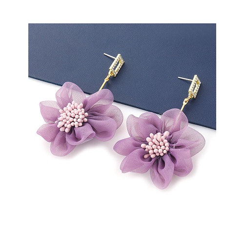 LRC Anting Tusuk Fashion Purple Alloy Diamond Lace Flower V97223