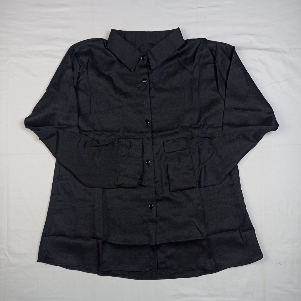 Atasan Blouse Kemeja Wanita Polos Basic Casual Varian Warna Lengan Panjang Bahan Moscrepe-HItam