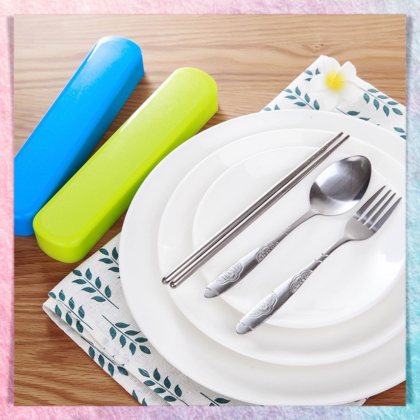 1 Set Alat Makan Sendok Garpu Sumpit Stainless Steel + Box Plastik | Portable Travel Cutlery