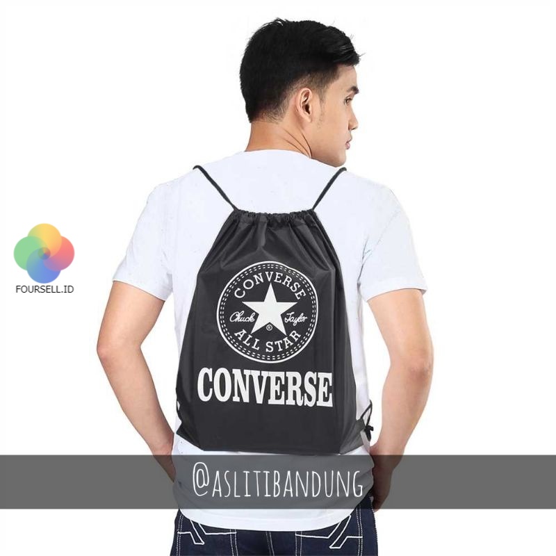 Aslitibandung - Tas Gymsack Unisex Warna Hitam Gambar Converse - Tas Serut Casual Tas Futsal by Sand