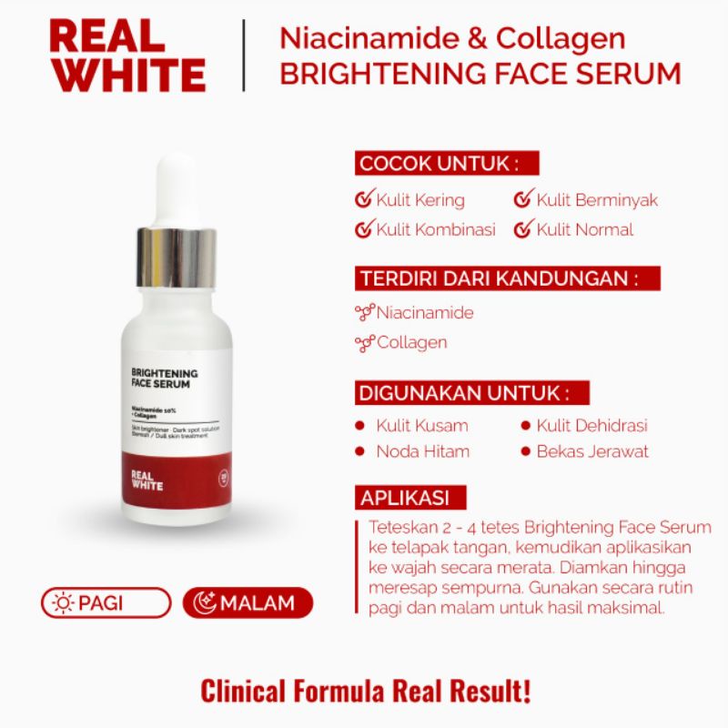 Real White 100% Original Niacinamide Brightening Face serum, Alpha Arbutin Serum Aha bha peeling toner dan serum, night cream collagen vit c day cream intensive repair eye cream toner face wash body realwhite retinol ceramide drying mini underarm