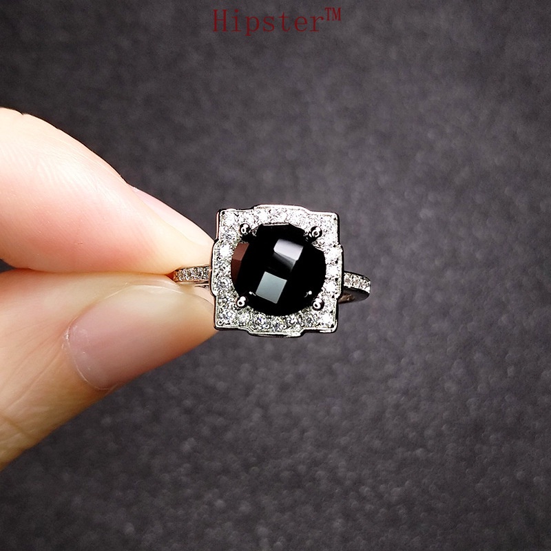 Popular European and American Goths Style Creative Inlaid Square Black Agate Ring