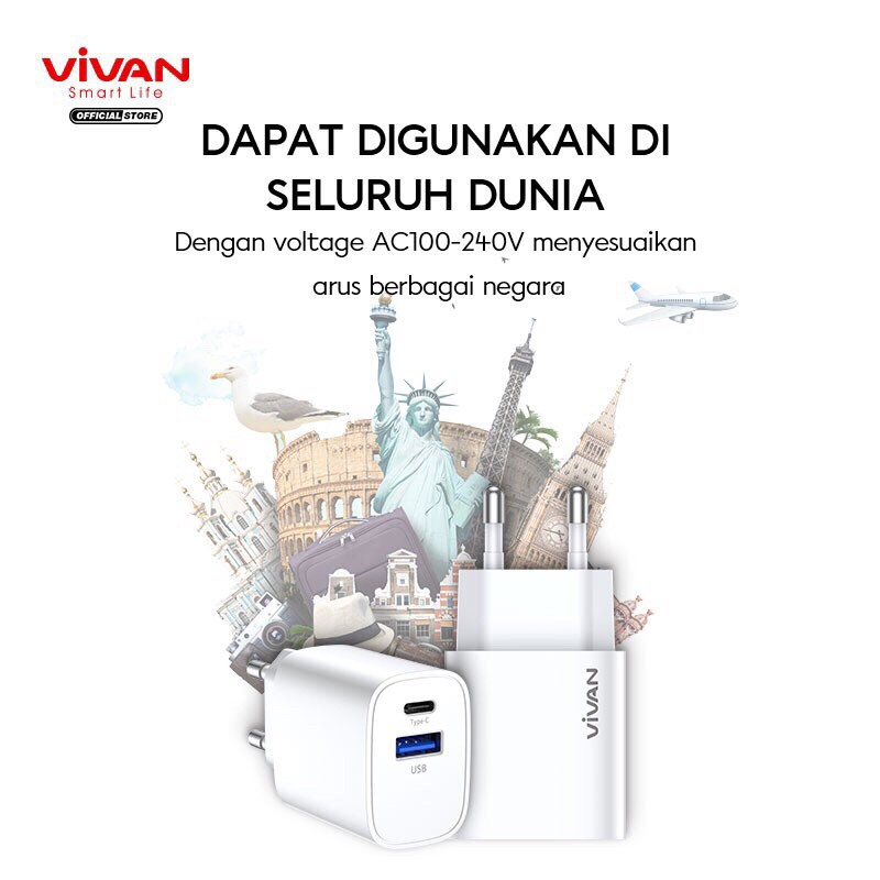 Charger VIVAN Power Turbo 18 Dual Output Port 3A USB-A &amp; Type C 18W PD Quick Charge &amp; VOOC Flash Charge Garansi 1 Tahun