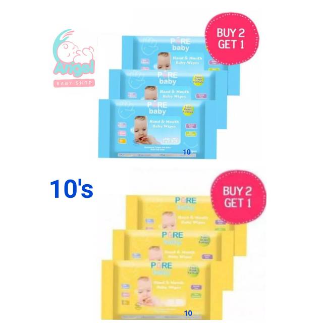 Pure bb  wipes tisu basah Hand &amp; Mouth (BUY 2 GET 1) Aloe Vera / Orange Oil 10's