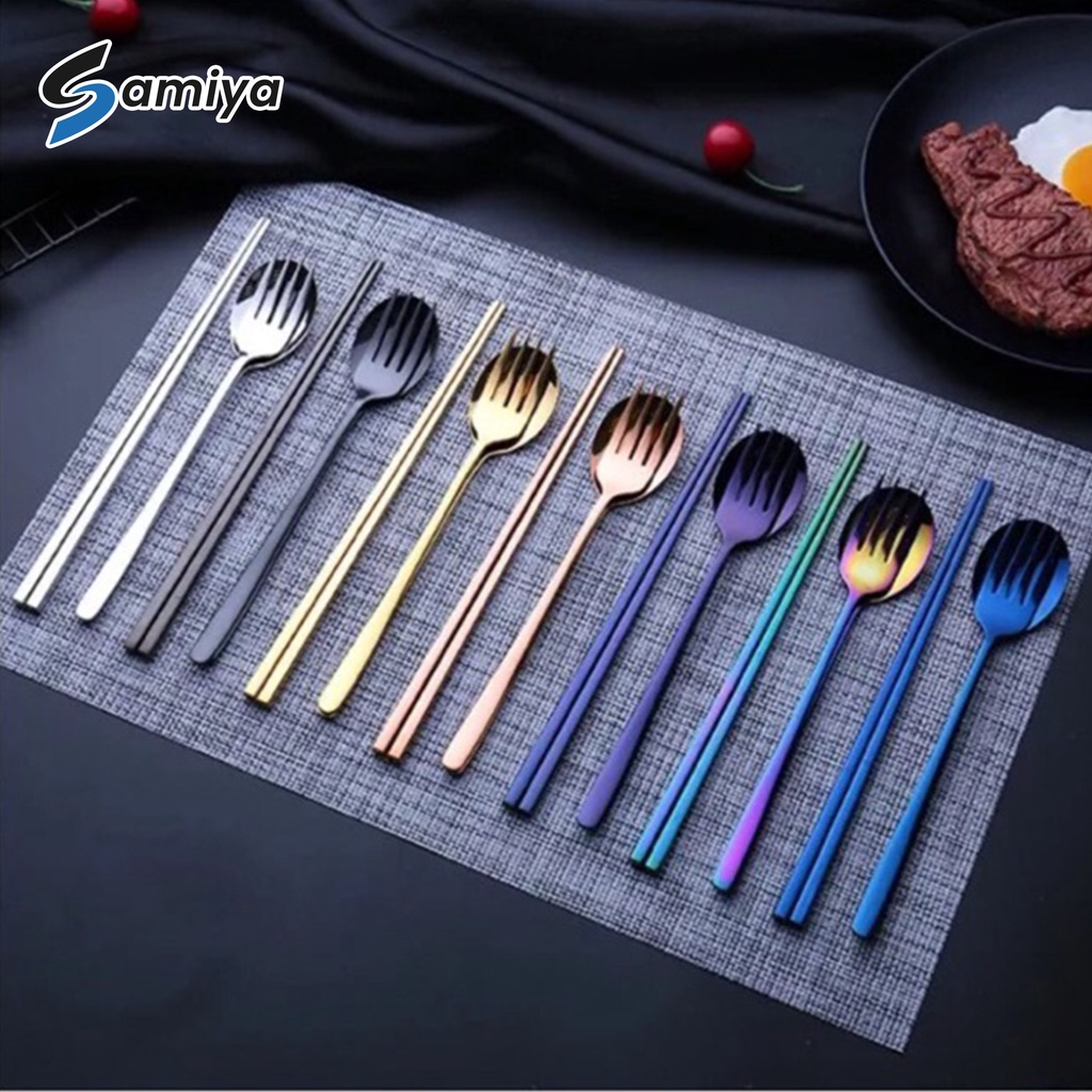 Sendok garpu sumpit warna / sendok garpu sumpit korea set / alat makan korea jepang set