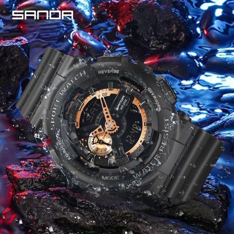 SANDA 3110 Jam Tangan Pria Digital Analog Dual Time Tali Rubber Shockproof Anti Air WATCHKITE WKOS