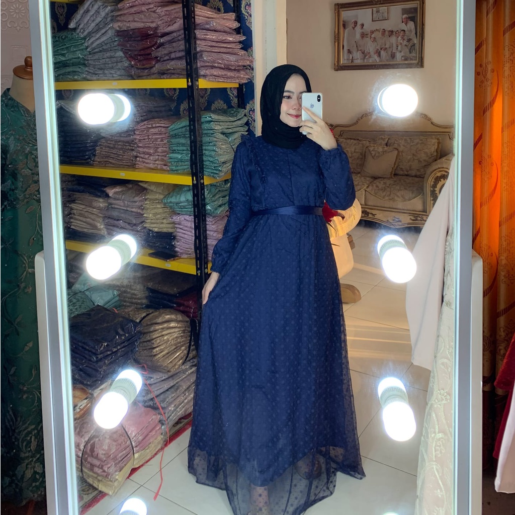 Dress Tile Dotty Mix Satin Velvet Busui Gamis Pesta Promo