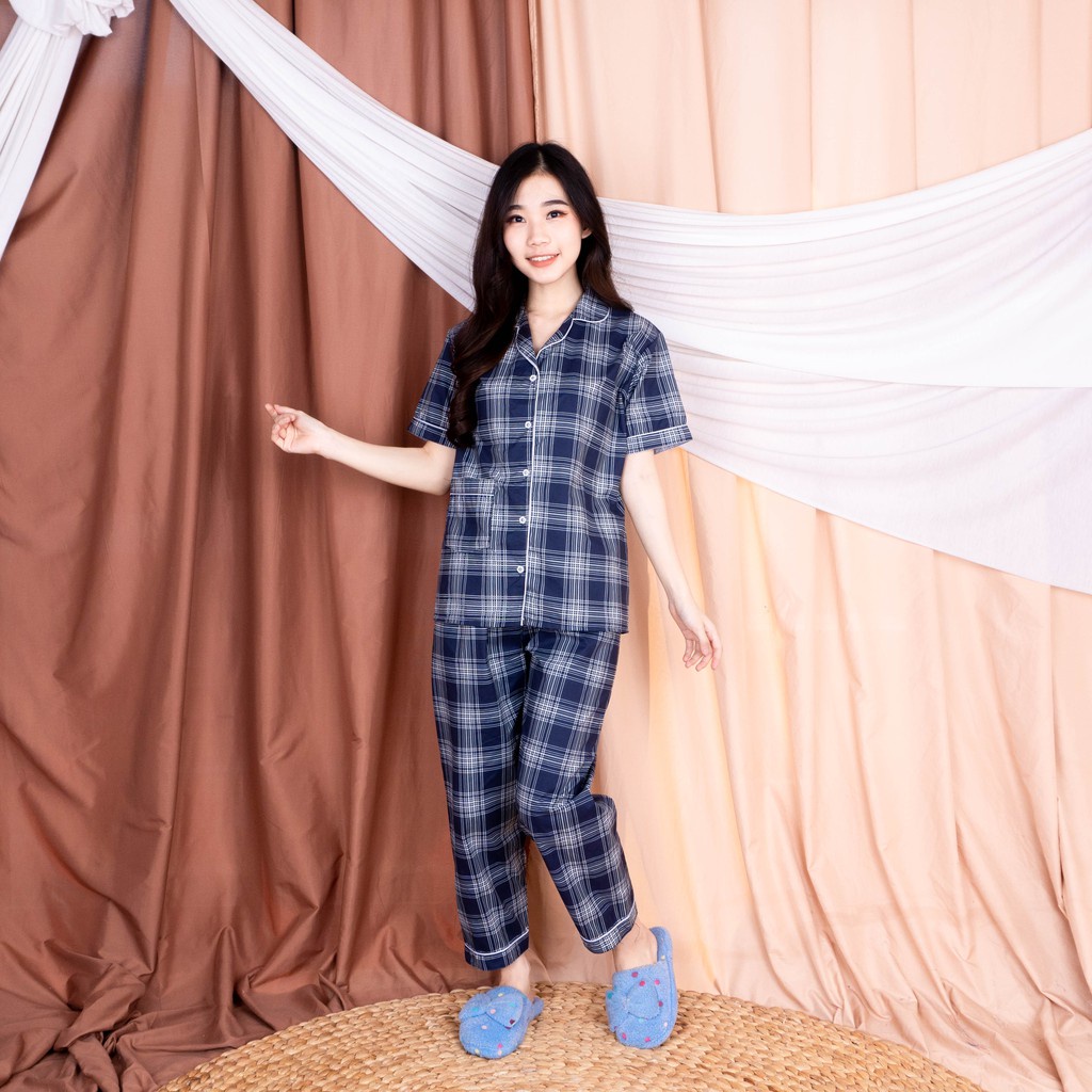 JNV Piyama CP Wanita Motif Kotak 01 - Baju Tidur Lengan Pendek - Katun Premium-1