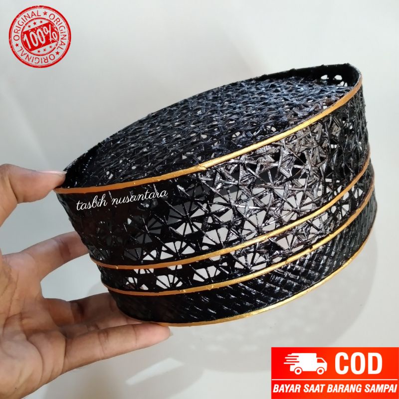 Peci anyaman bambu list emas / songkok anyaman bambu