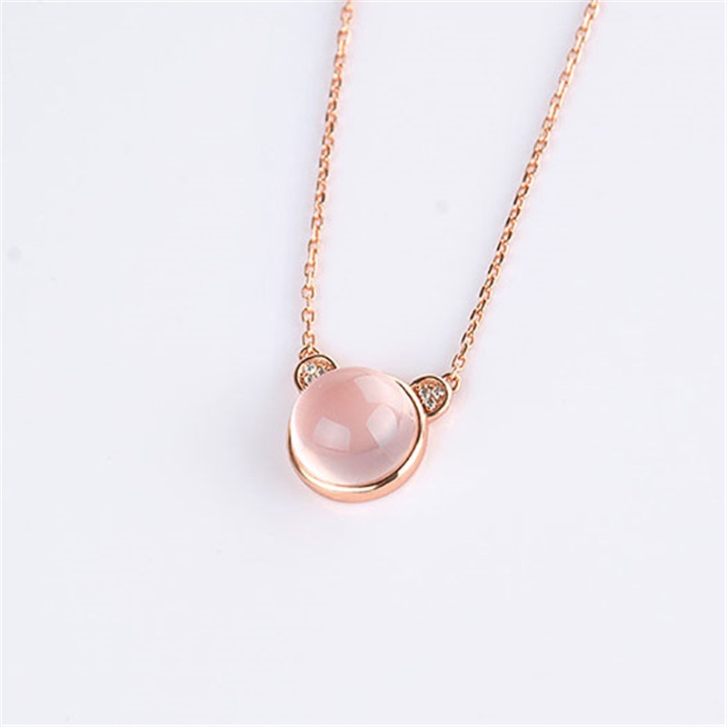 [Ready Stock]Fashion Inlaid Pink Crystal Bear Pendant Rose Gold Plated Necklace