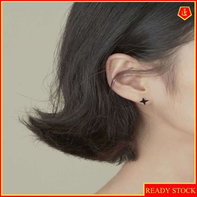 [Ready Stock]Dark Cool Girl Black Star Silver Stud Earrings