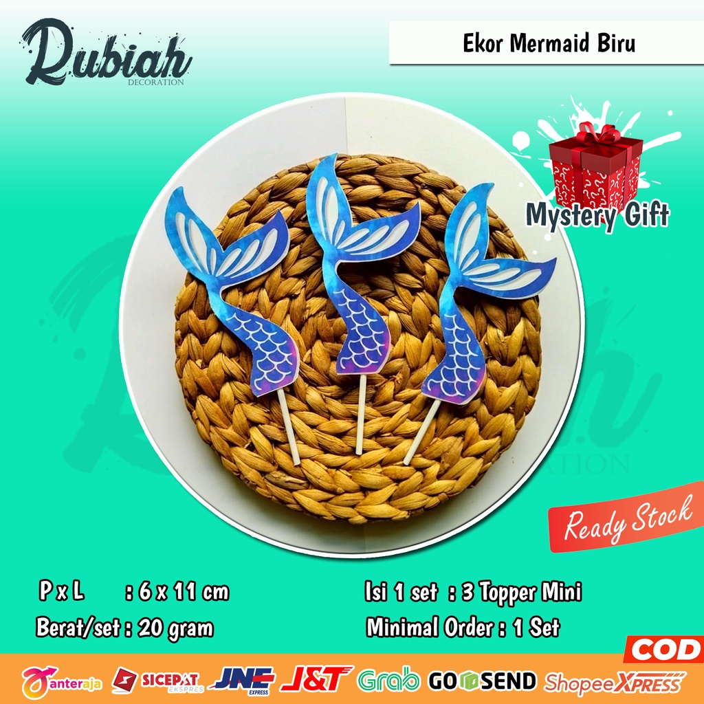 Banner Topper cake Hiasan Tusukan Kue Tart Ulang Tahun Anak Ekor Mermaid Biru