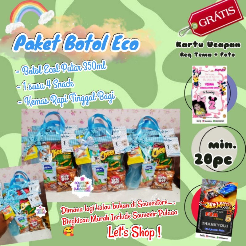 Souvenir Snack Ulang Tahun / Botol Eco 350 ml / Snack Ultah / Souvenir Ultah Botol /Paket Ultah