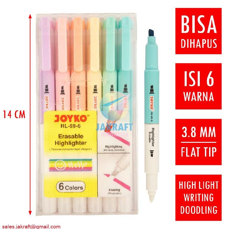 

(6 Pcs) Spidol Erasable Highlighter Marker Pastel 6 Warna Bisa Dihapus JOYKO HL-69-6