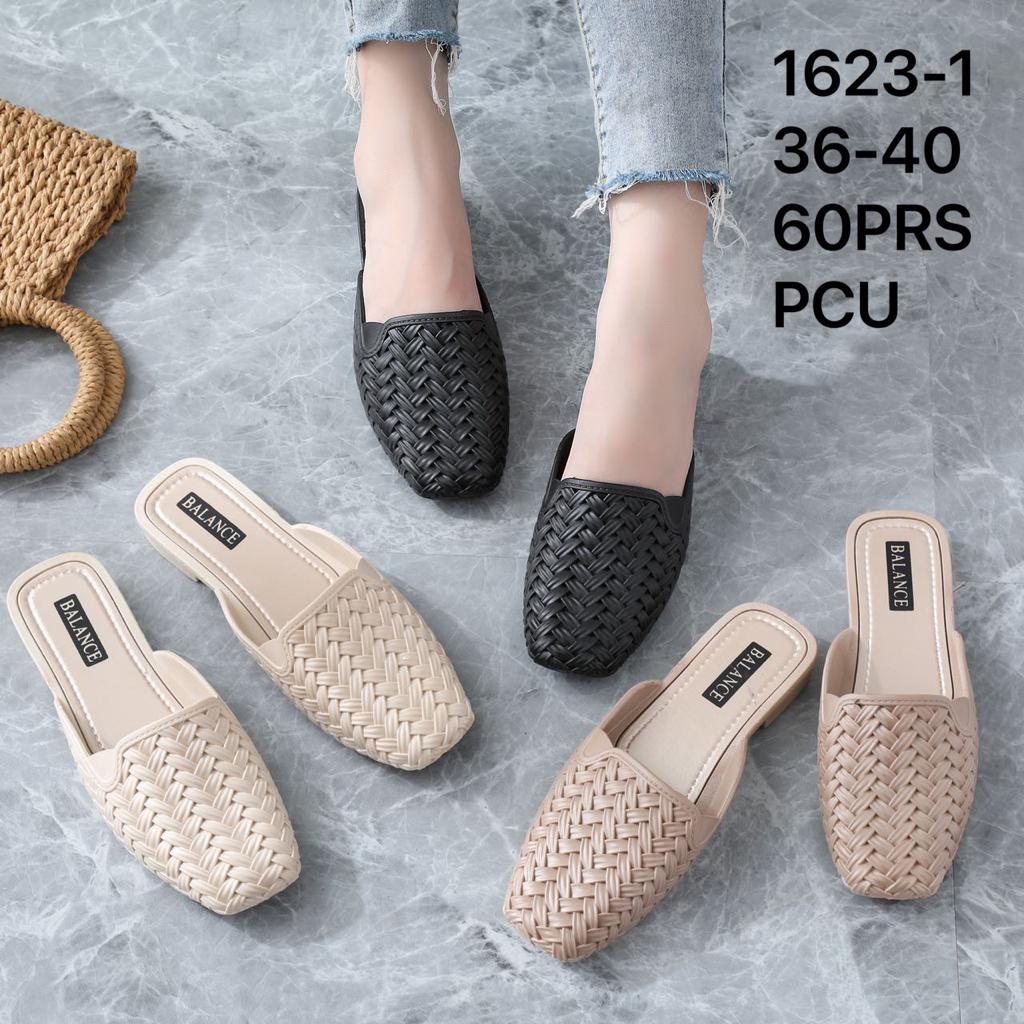 Sandal Selop Wanita Bahan Jelly Elastis Loafer Import Motif Anyaman Balance 1623-1