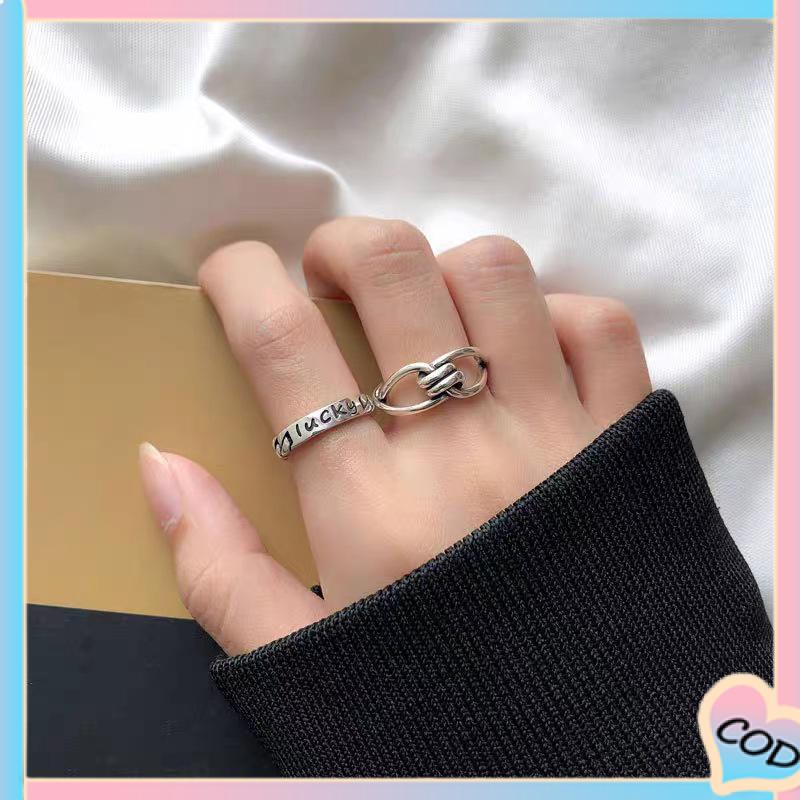 COD❤️ Minoritas desain cincin terbuka fashion wanita cincin fashion retro gaya keren kepribadian wanita finger ring set-A.one