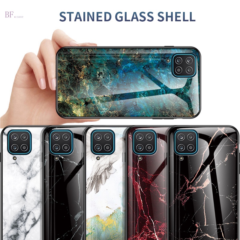 Samsung Galaxy A12 A11 A10S A20 A30 A50 A21S A70 Marble Tempered Glass Back Shockproof Phone Case with Soft Silicone Edge