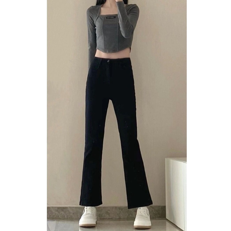 Celana Jeans Cutbray Import Fashion Stretch / Jeans Cutbray Wanita Highwaist Hitam