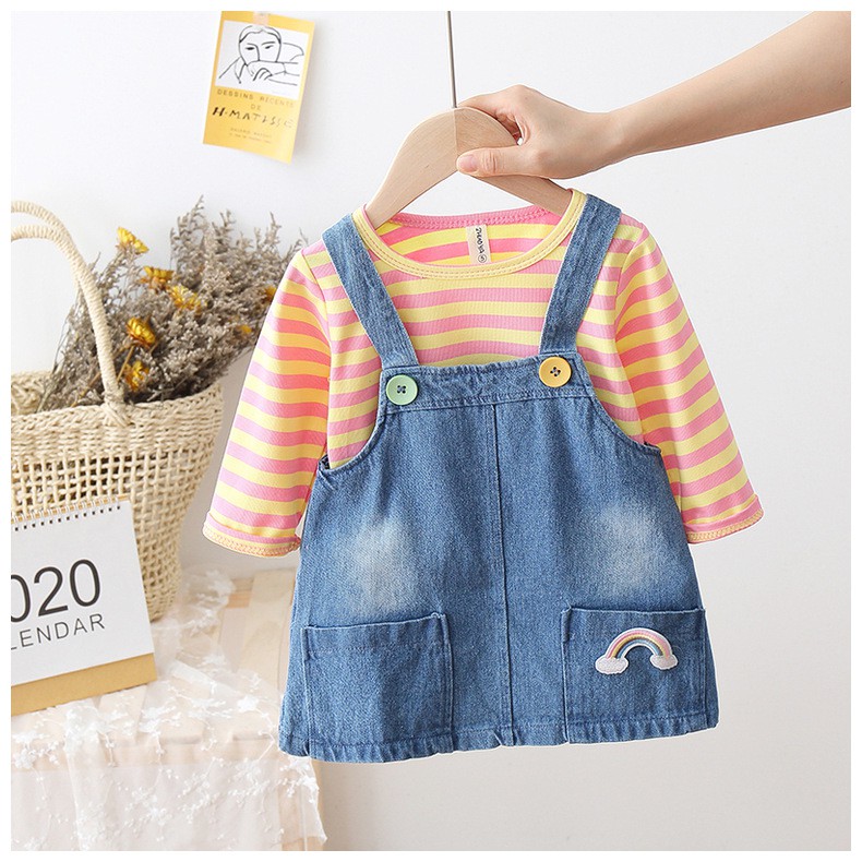 HappyOliver OVERALL SALUR DENIM RAINBOW 5882 EBV baju anak perempuan import 2in1 motif lucu