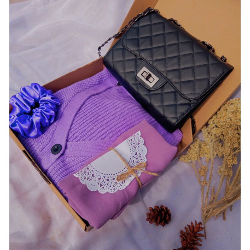 Hampers Gift Box | New Paket Ootd | Cardigan Rajut | Tas Rantai | Kado Ulangtahun | Wisuda