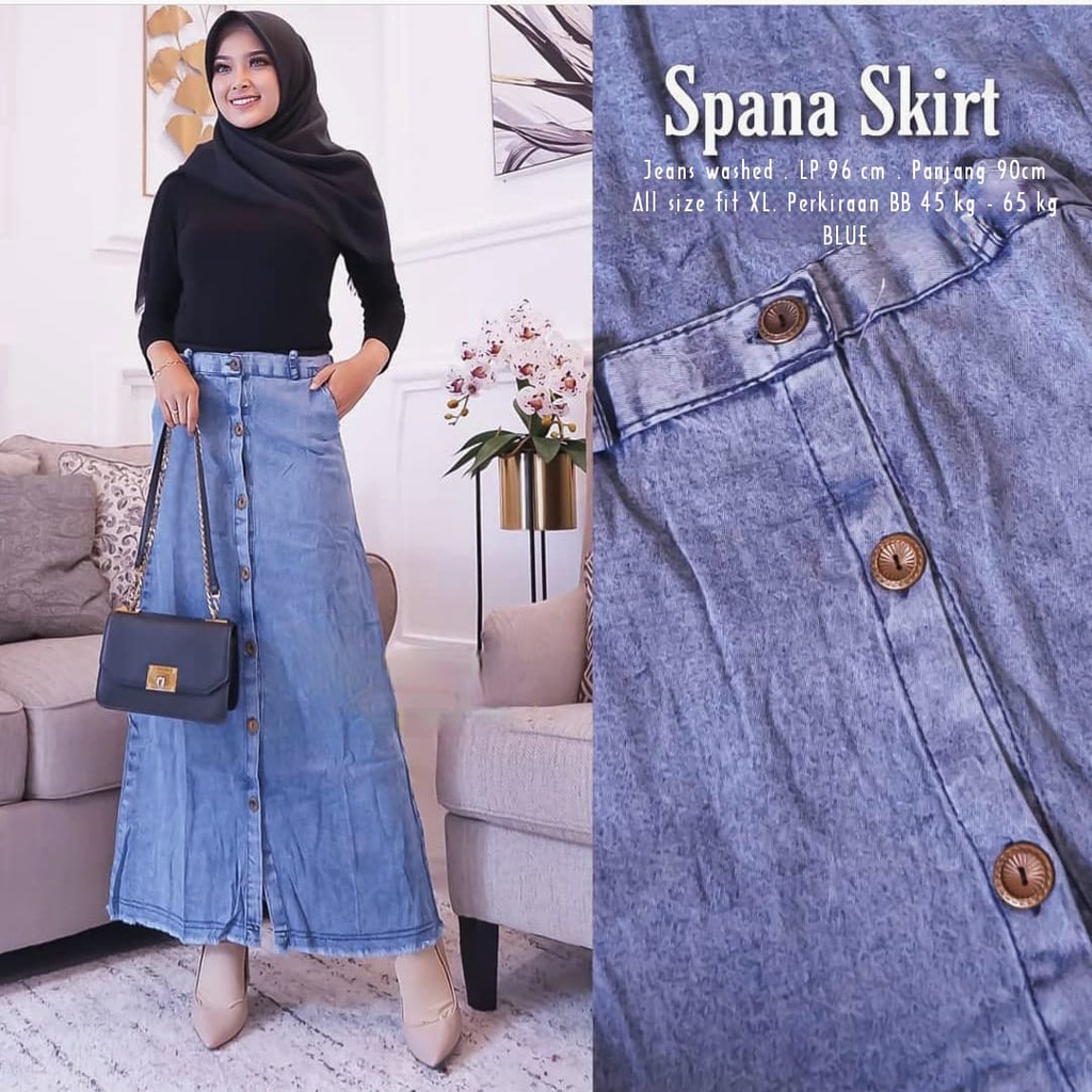 Orimoza Xandra Rok Jeans Panjang Kancing Depan Button Denim Skirt Snow-SPANA ROK BLUE