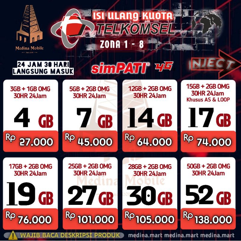 ZONA 1-8 TERMURAH INJECT ISI ULANG KUOTA DATA TELKOMSEL SIMPATI OMG, 24JAM 30 HARI SESUAI ZONA