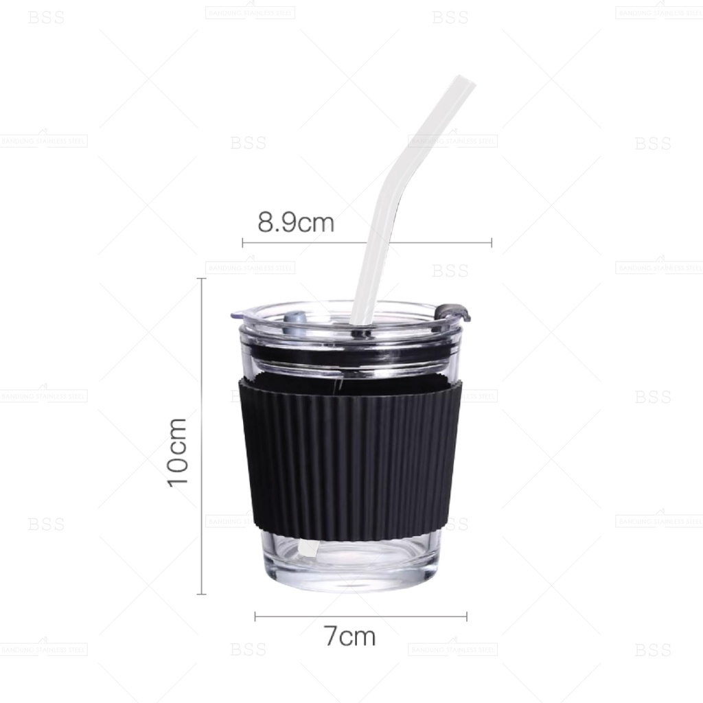 Gelas Minum Kopi Tumbler 350ml Anti Panas Kaca Glass Dengan Sedotan Silikon Simple Elegan Milk Cup