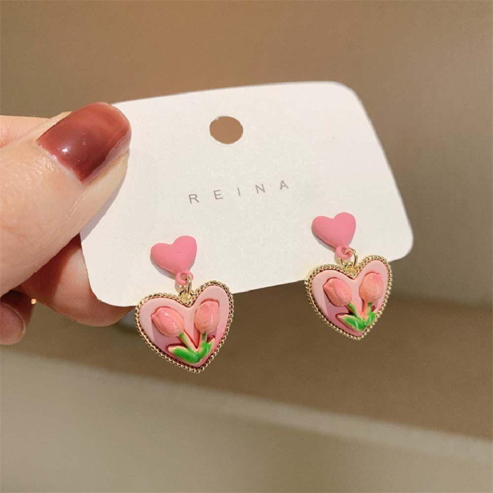 Anting Menjuntai Tulip Agustina Geometris Simple Love Heart Untuk Anak Perempuan Giwang Telinga Alloy Manis