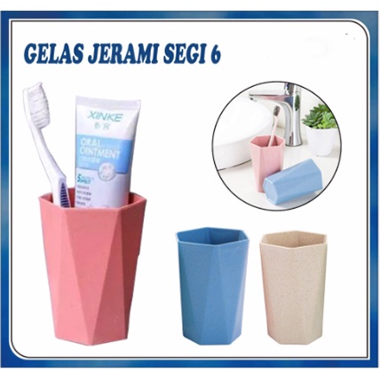 Gelas Jerami Gandum Segienam Ramah Lingkungan / Gelas Tempat Sikat Gigi Kumur Bentuk Segienam Bahan 