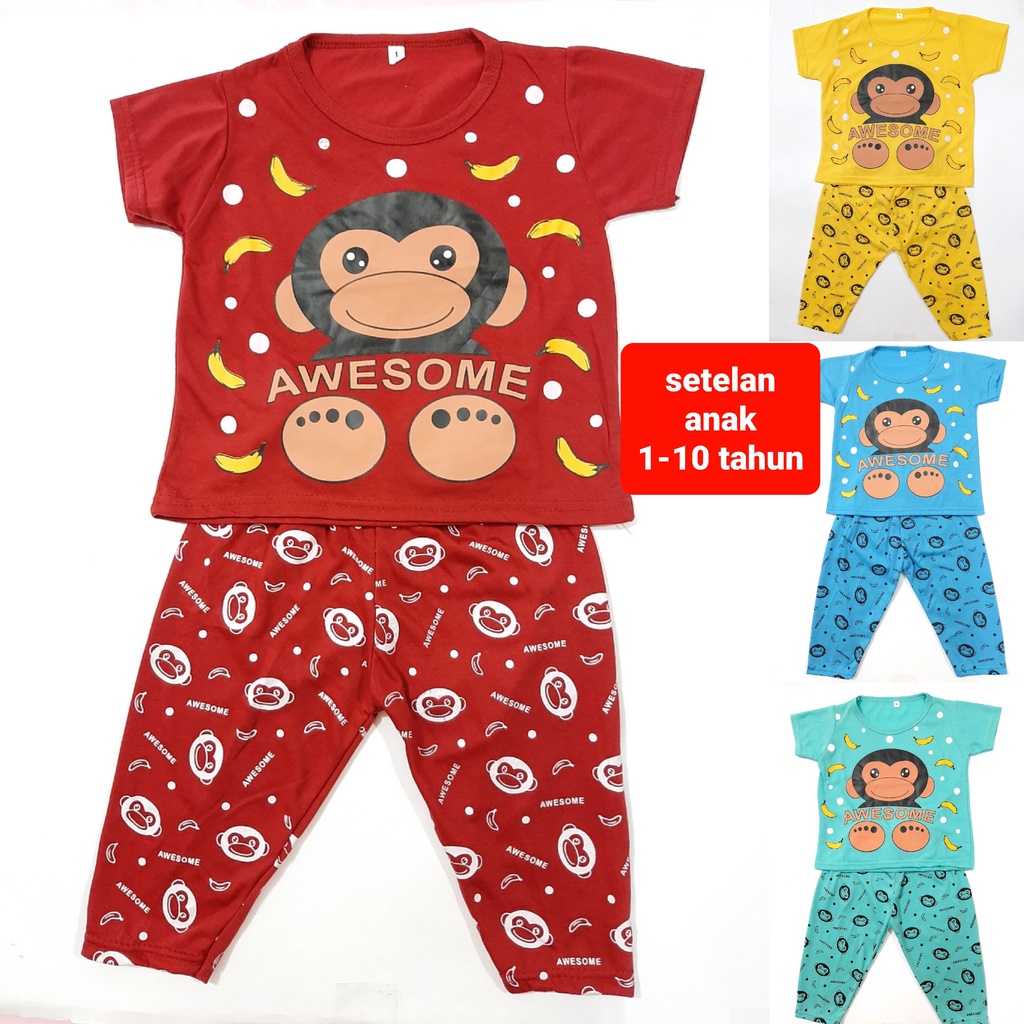 setelan kaos anak laki laki celana lengan panjang CP baju tidur cowok SMLXL monkey grosir