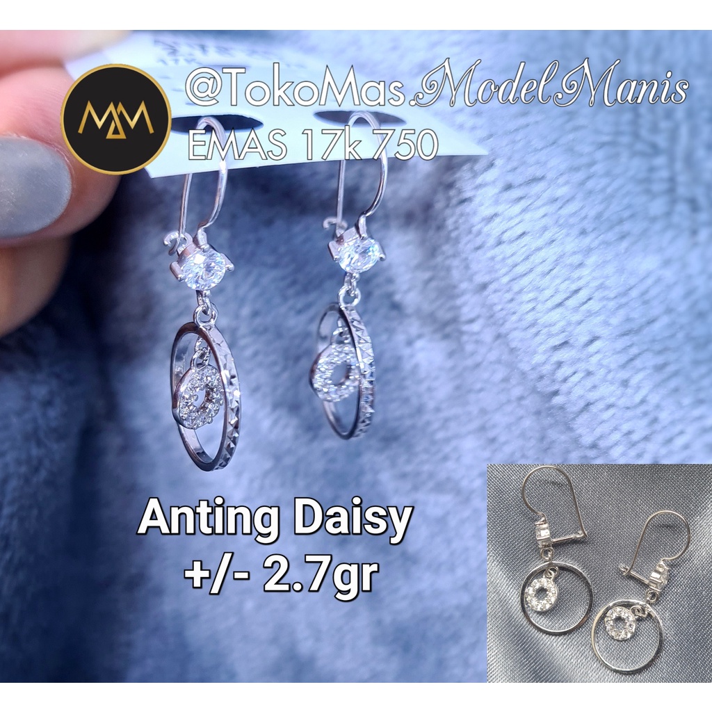 Anting Daisy gantung bulat emas putih 750 kadar 17k