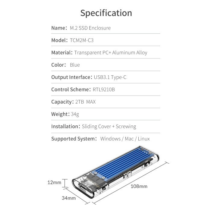 ORICO M.2 NVME M.2 SATA SSD Enclosure Dual Protocol - TCM2M-C3