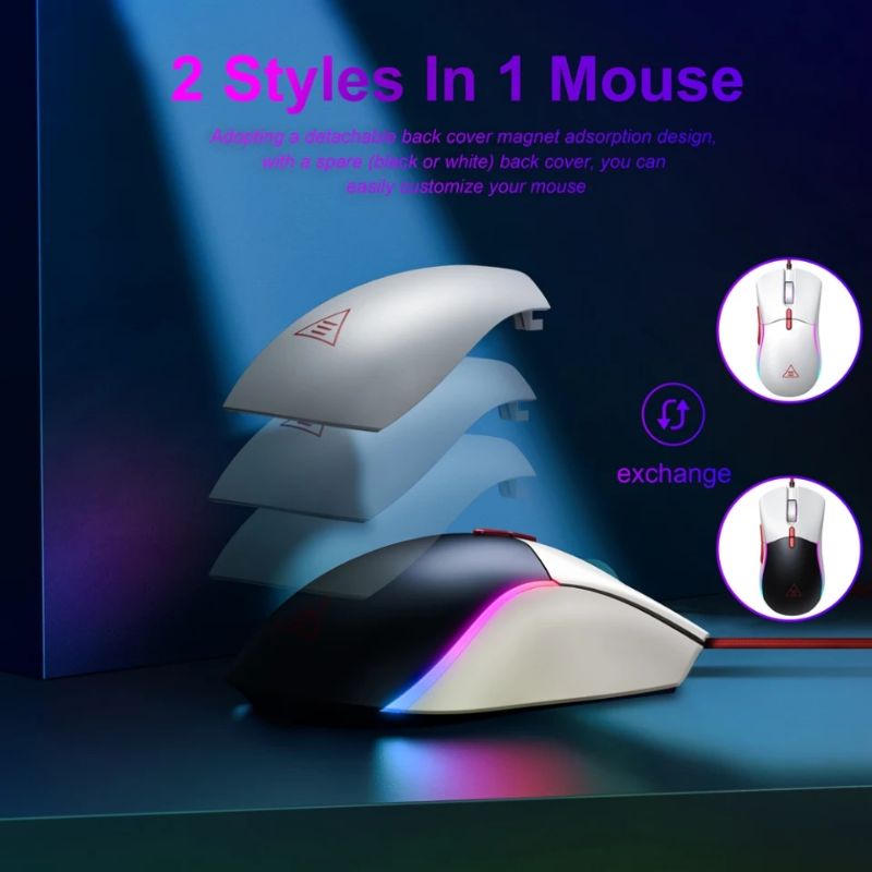 EKSA EM200 RGB Gaming Mouse Gamer 12000DPI USB Wired Programmable Gaming Mice 7 Buttons Tunable weights for PC with Spare cover