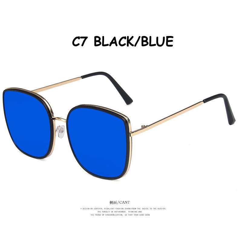 Korea Bibi Square Fashion Retro Logam Bingkai Kacamata Wanita UV400-C7 BLUE