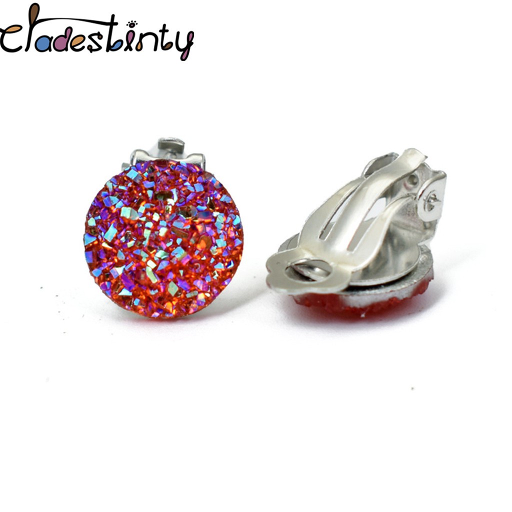 Chadestinty Anting Klip Tanpa Tindik Bentuk Bulat Bahan Resin Warna Silver / Biru / Putih Untuk Wanita