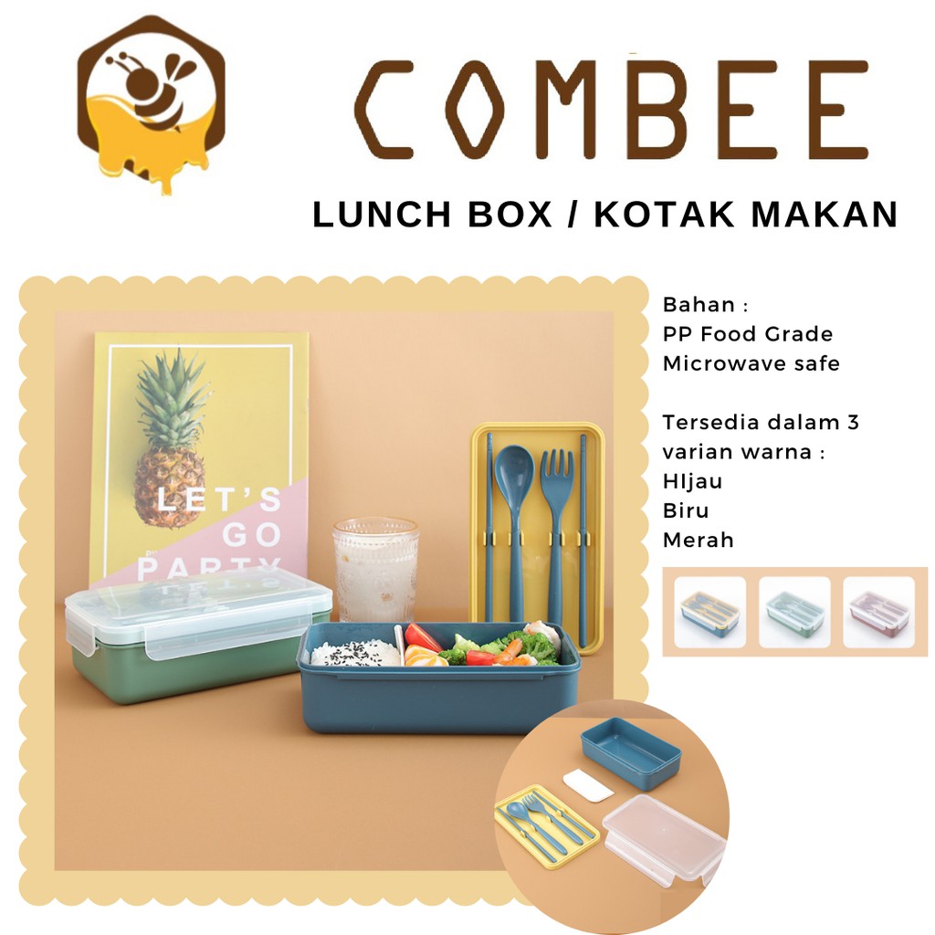 Lunch Box Kotak Makan Set Sendok Garpu Sumpit PP Food Grade Sekat Anti Tumpah