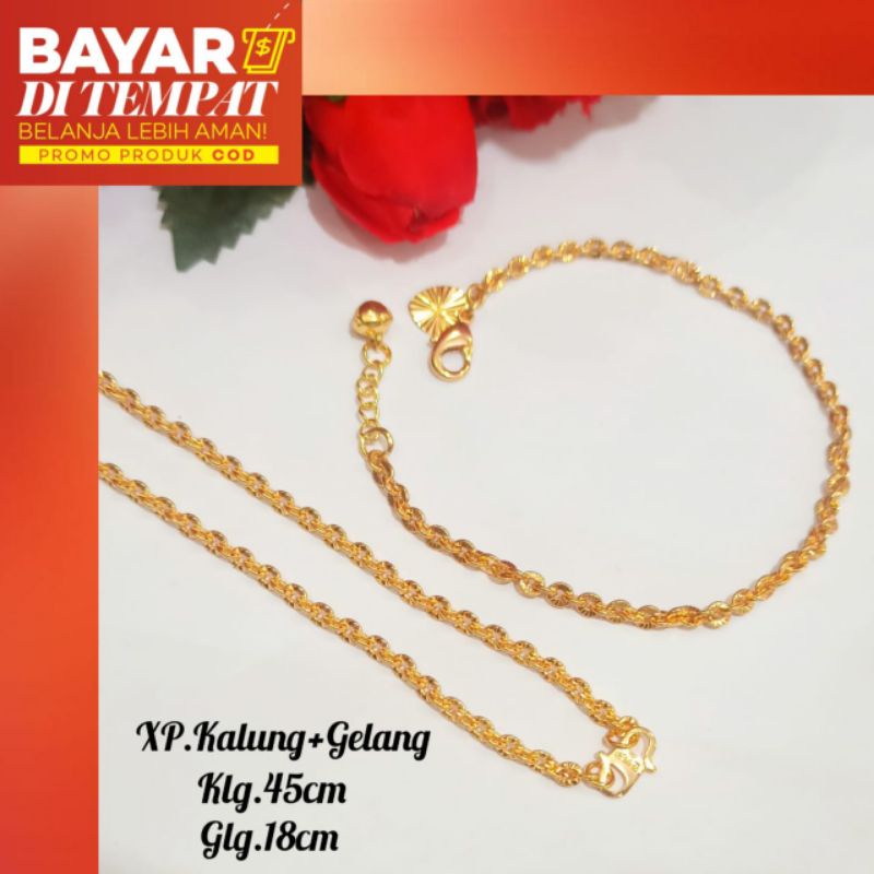 Set Kalung&amp;Gelang Rantai Nori motif/ukir logam emas Korea tidak berkarat